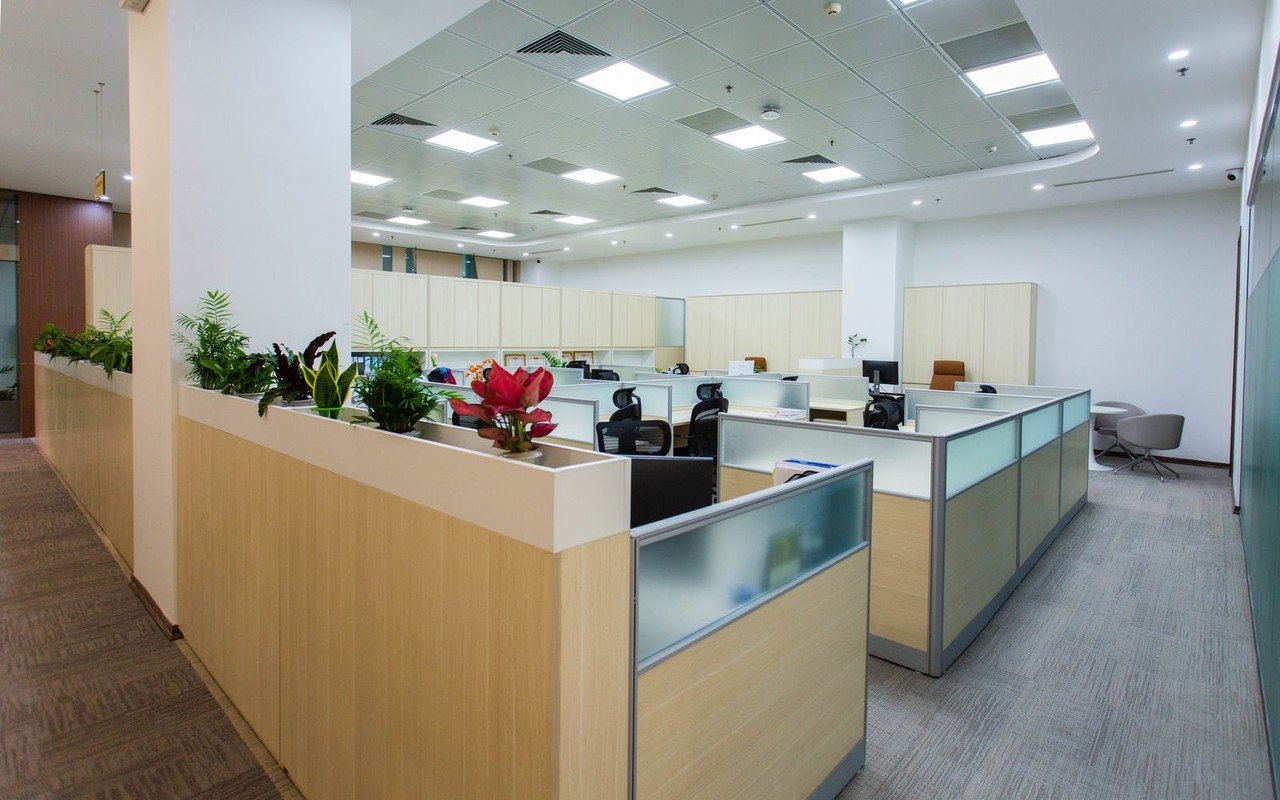 An open plan office of empty desks and screened workstations under rows of ceiling lights, with potted plants along a low partition and nobody at work